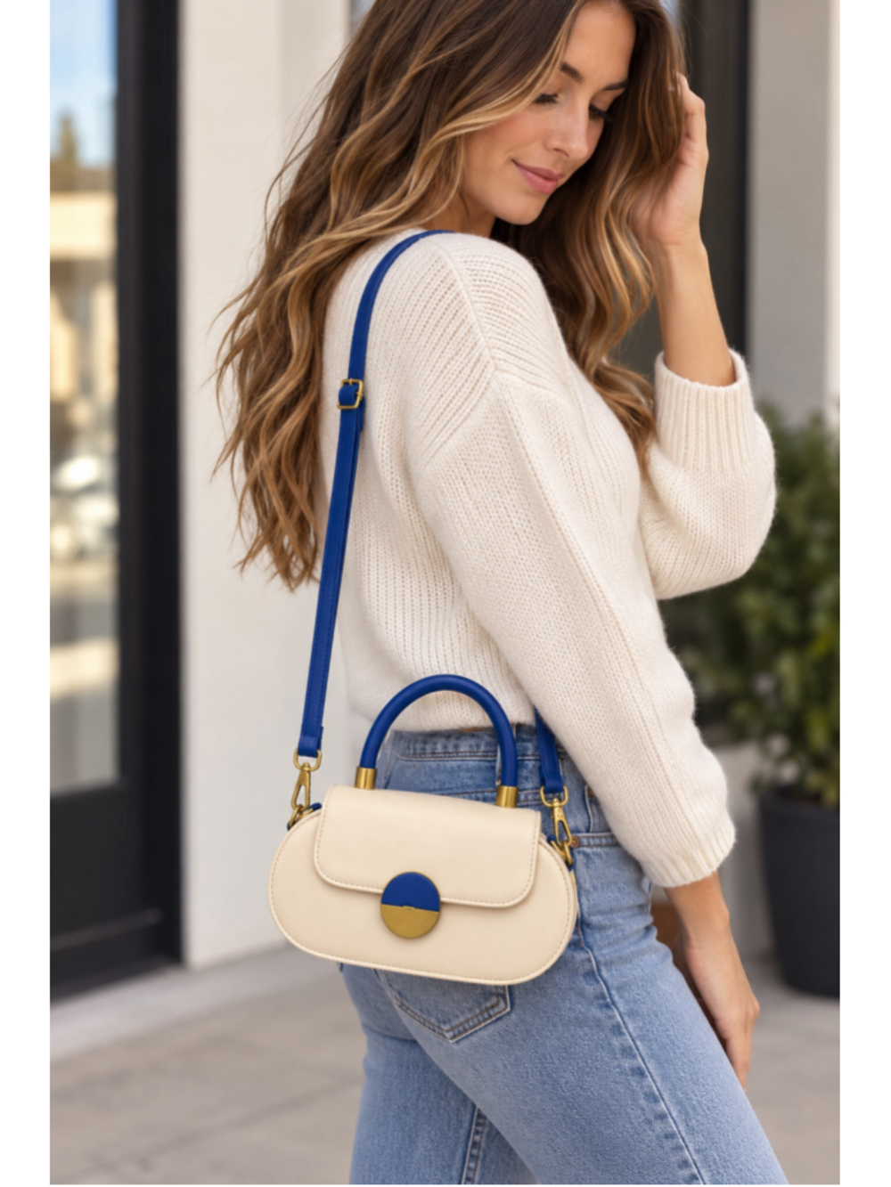 Opulent Oval Purse Cream Cobalt Blue Crossbody Top Handle Structured Handbag